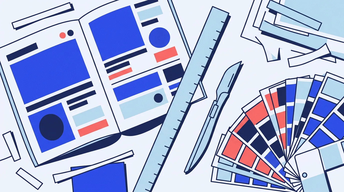 Illustration of a studio desk: an open catalogue, a ruler, a paper knife and a fan of colour swatches