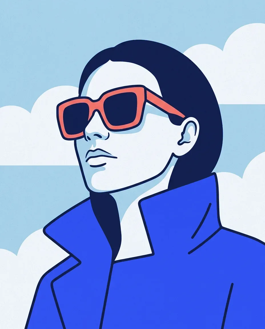 Illustrated portrait of a woman in an indigo jacket and coral sunglasses against a cloudy sky