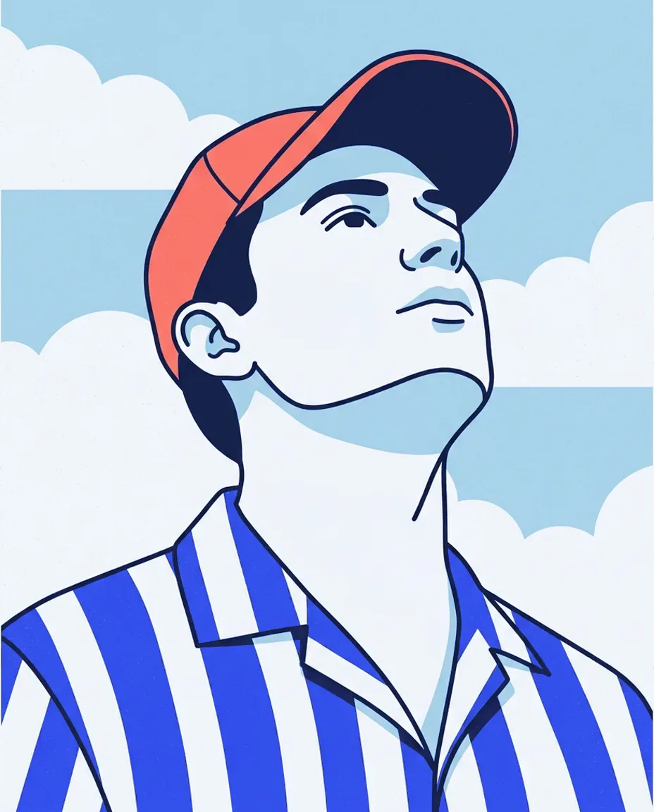 Illustrated portrait of a man in an indigo-striped shirt and coral cap against a cloudy sky