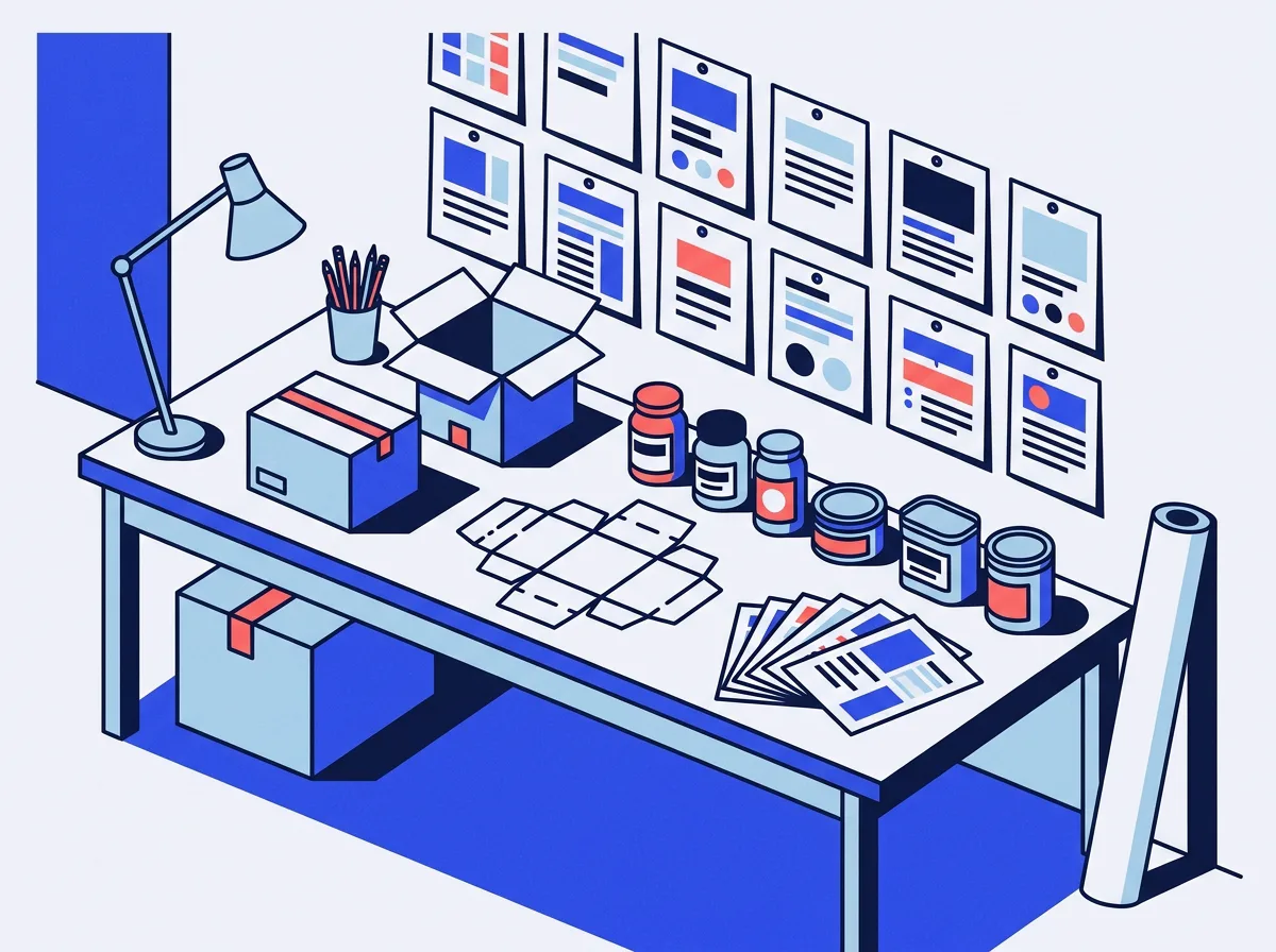 Illustration of the Kovera studio: a long desk covered in packaging mock-ups, with prints pinned to the wall above it