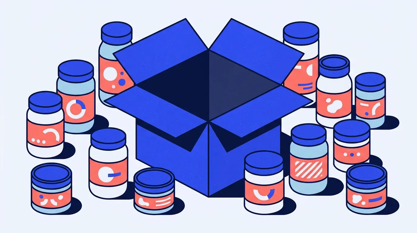 Illustration of an open shipping box and a set of labelled jars