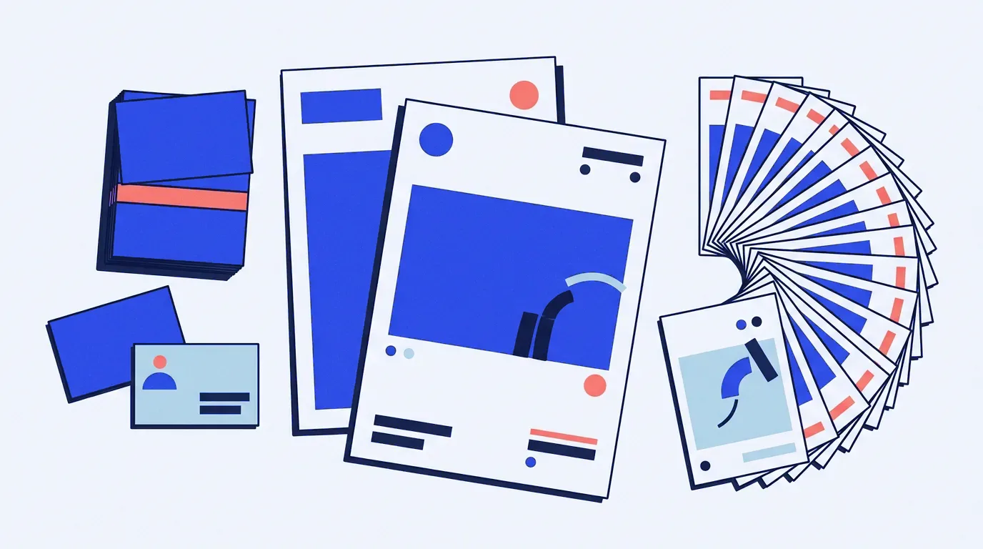 Illustration of business cards, letterheads and a catalogue fanned out